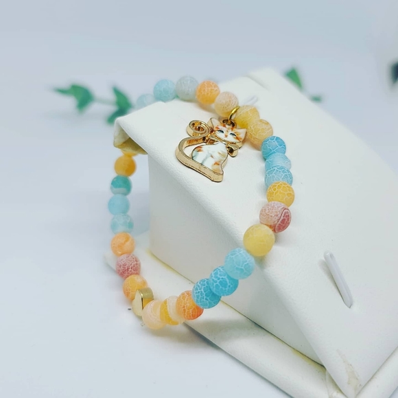 Kids Bracelet with Agate and Enamel Kitten charm - Picture 3 of 4
